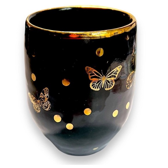 Gold Butterflies on Black Pottery Vase, Pen-Pencil or Makeup Brush Holder - Picture 1 of 11